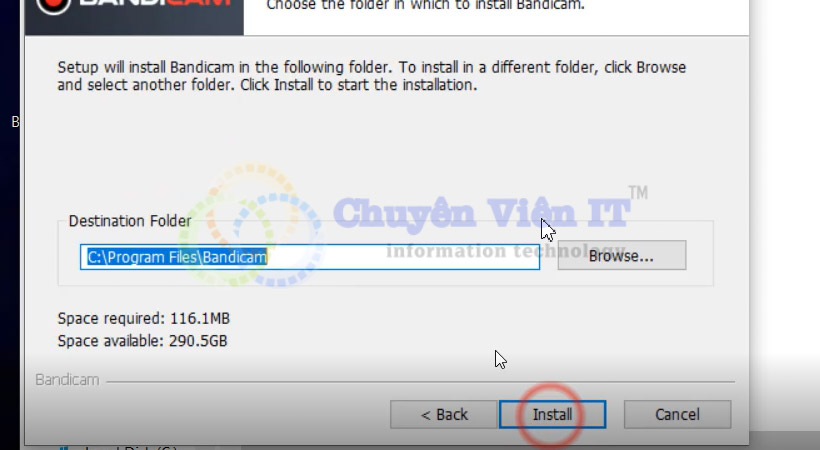 Tiến hành chọn Install phần mềm Bandicam 2022.