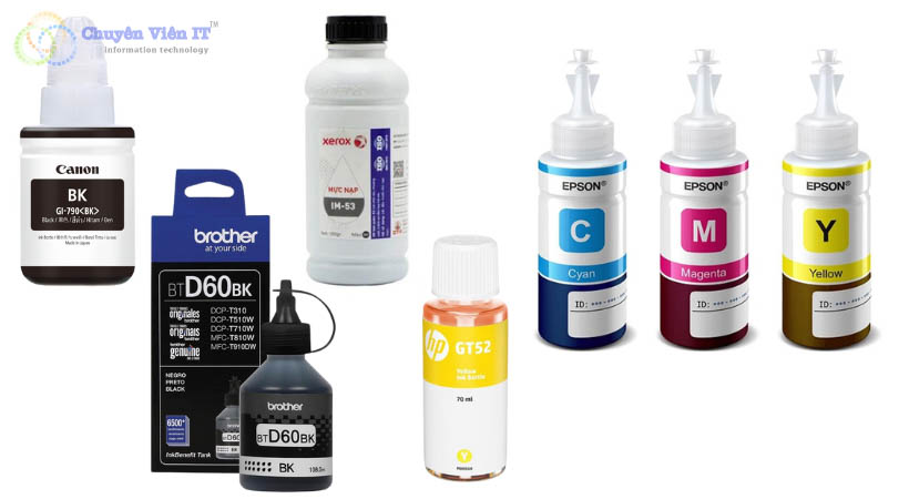 5 loại mực máy in phổ biến: canon, hp, brother, epson, xerox.