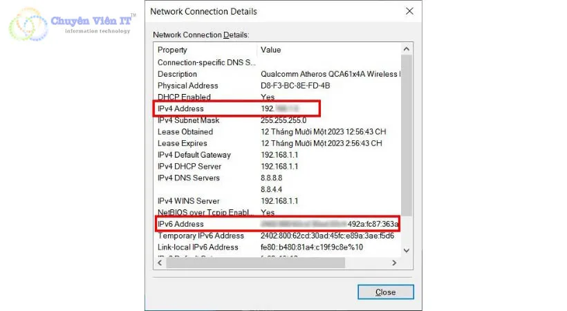 Địa chỉ IP được hiển thị trong mục IPv4 Address.