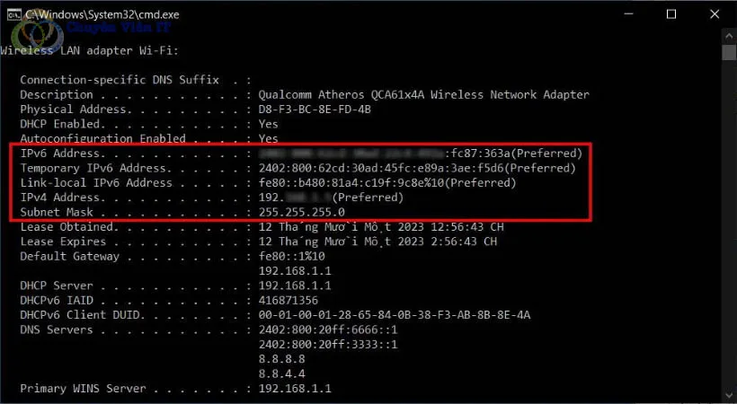 Địa chỉ IP được hiển thị trong mục IPv4 Address
