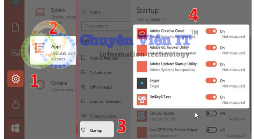Cài đặt -> Chọn Apps -> Chọn Start up -> chọn On/Off