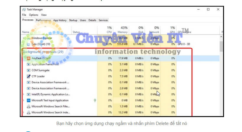 chọn ứng dụng đang chạy ngầm và tắt