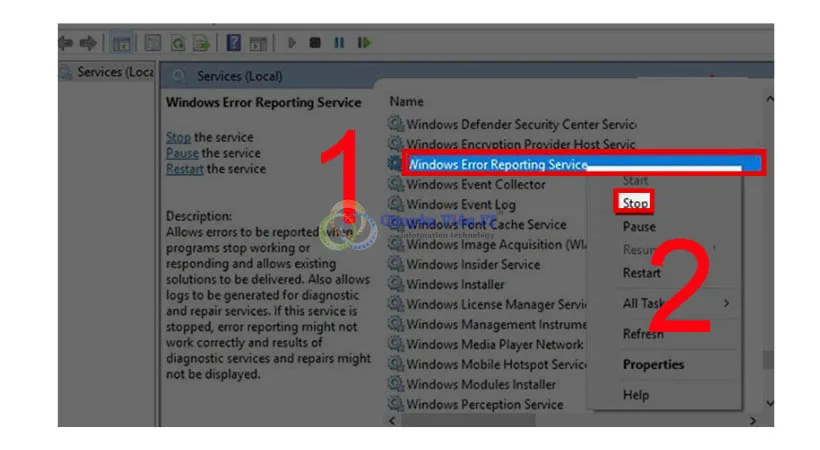 Mở Windows Error Reporting Service => Stop.