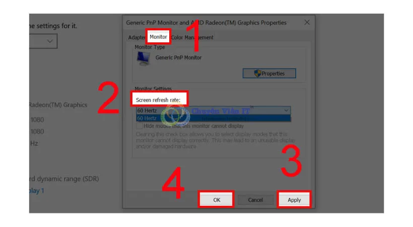 Chọn Monitor => Screen refresh rate => Apply => OK