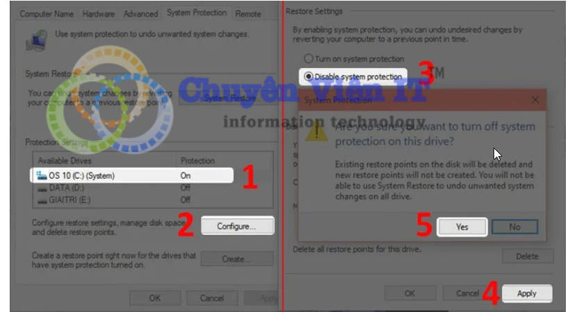 vào Configure Chọn Disable system protection chọn Apply nhấn Yes