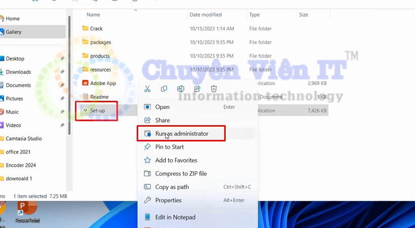 Khởi chạy file set up bằng run as administrator
