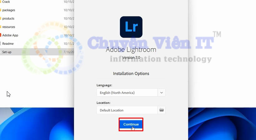 Chọn continue để tiếp tục tải lightroom 2024