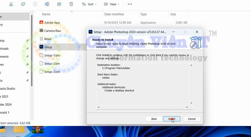 Chọn install để cài đặt photoshop 2024