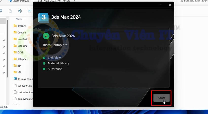 Đợi load đủ các tích xanh rồi chọn start - download 3ds max 2024