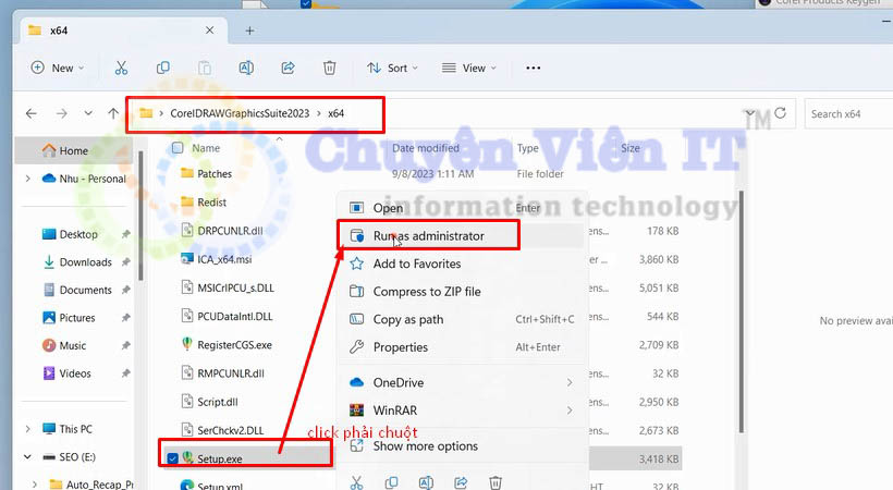 Mở tiếp theo đường dẫn vào bản 64 bit coreldraw 2023 khởi chạy file set up