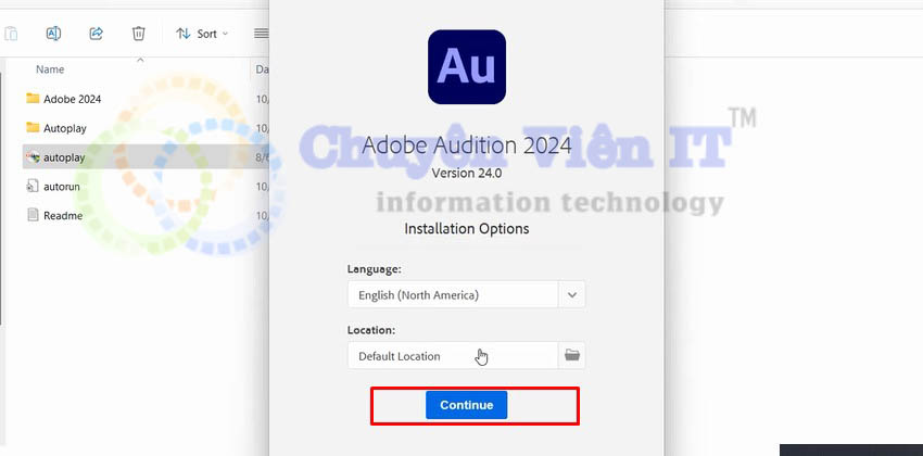 Chọn continue để tiếp tục tải adobe audition 2024