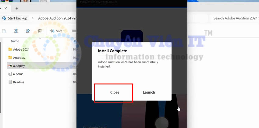 Nhấn chọn close để kết thúc quá trình tải adobe audition 2024