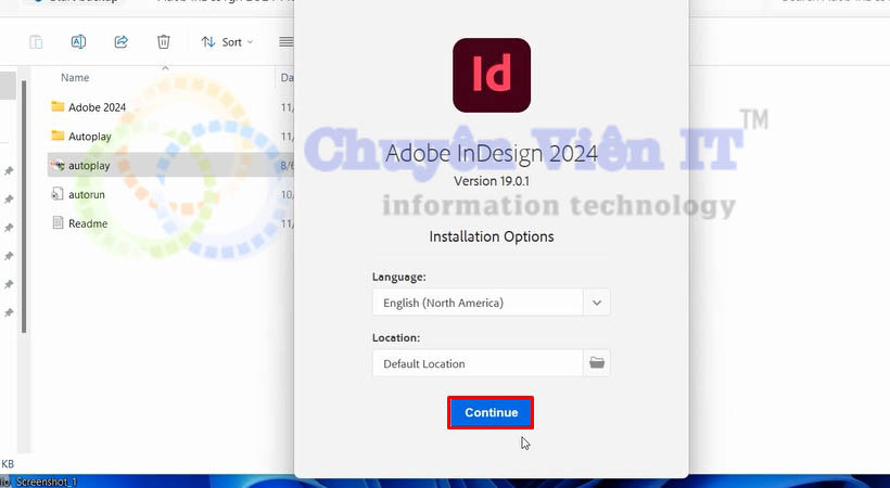 Chọn continue để tiếp tục tải indesign 2024