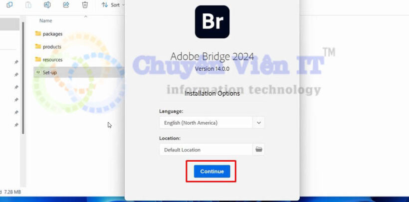 Nhấn continue để tiếp tục tải adobe bridge 2024