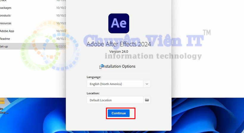 Chọn continue để tiếp tục tải after effects 2024