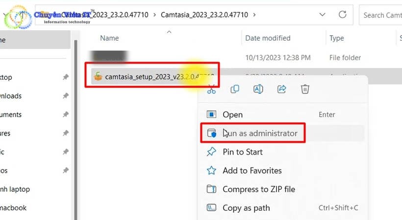 Mở file vừa mới giải nén chạy file camtasia setup