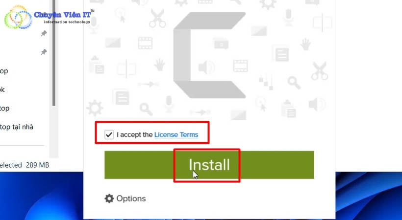 Tích chọn để đồng ý điều khoản Camtasia studio 2023